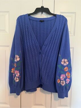 Talbots Blue Cable-Knit Cardigan with Floral Sleeve Embroidery